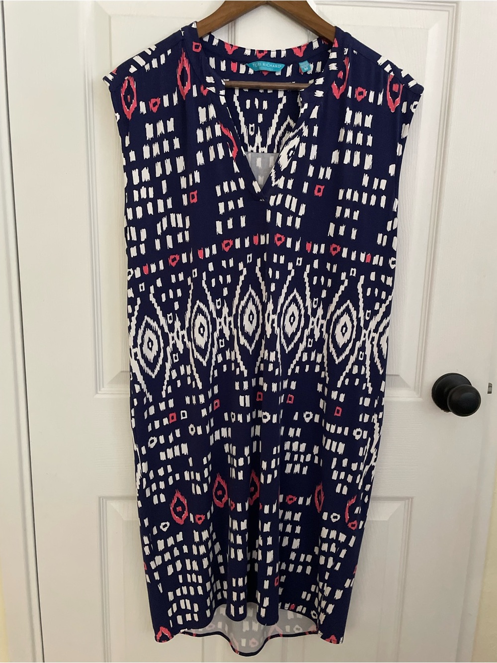 Tori Richard Ikat Shift Dress Navy Blue Coral Pink Modal Stretch Casual M